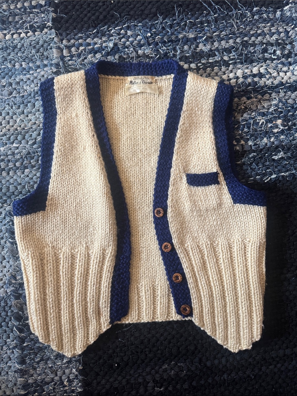 Vintage Cream Knit Vest with Navy Trim - Classic Button Front